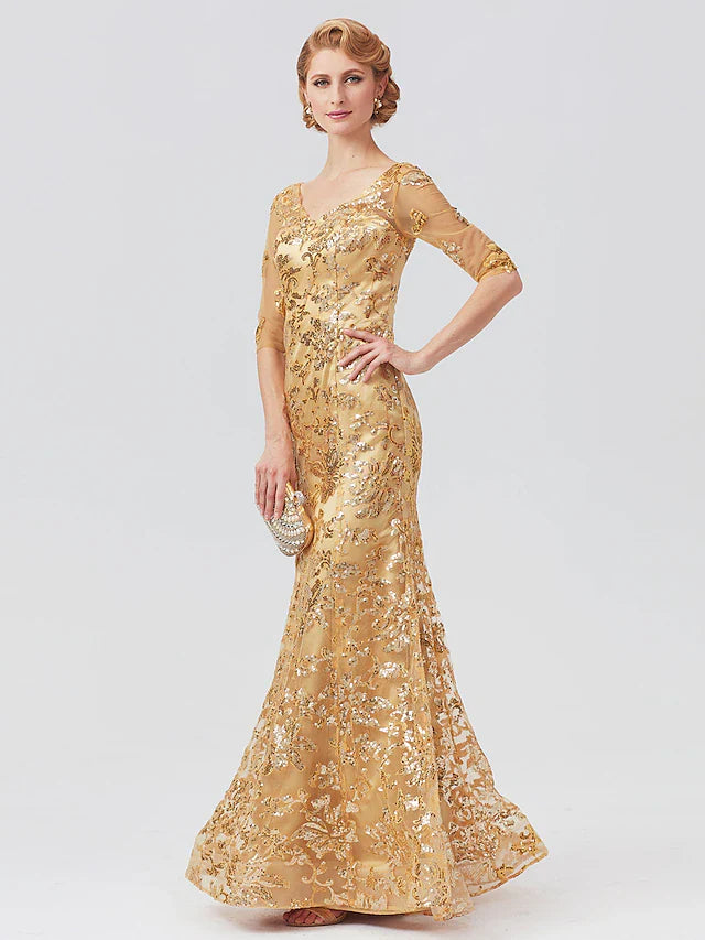 Wholesale Mermaid / Trumpet Mother of the Bride Dress Elegant Sparkle & Shine V Neck Floor Length Tulle Sequined Half Sleeve with Sequin